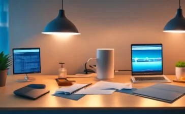 Ein hell erleuchteter, moderner Arbeitsplatz mit offenem Laptop auf einem Tisch, umgeben von Notizen und einer Kaffeetasse, an dem eine Person konzentriert ein wichtiges Software-Update installiert – die warme Nachmittagssonne fällt sanft durchs Fenster und vermittelt Sicherheit und Zuversicht.