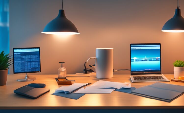 Ein hell erleuchteter, moderner Arbeitsplatz mit offenem Laptop auf einem Tisch, umgeben von Notizen und einer Kaffeetasse, an dem eine Person konzentriert ein wichtiges Software-Update installiert – die warme Nachmittagssonne fällt sanft durchs Fenster und vermittelt Sicherheit und Zuversicht.