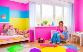 In einem sonnendurchfluteten, freundlich gestalteten Kinderzimmer sitzt ein Vater liebevoll neben seiner neugierig lächelnden Tochter, während sie gemeinsam auf einem bunt illustrierten personalisierten Kinderbuch blättern, das die warme Atmosphäre von kreativer Zusammenarbeit und moderner Technik im Familienalltag einfängt.
