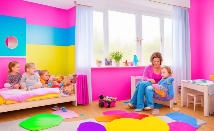 In einem sonnendurchfluteten, freundlich gestalteten Kinderzimmer sitzt ein Vater liebevoll neben seiner neugierig lächelnden Tochter, während sie gemeinsam auf einem bunt illustrierten personalisierten Kinderbuch blättern, das die warme Atmosphäre von kreativer Zusammenarbeit und moderner Technik im Familienalltag einfängt.