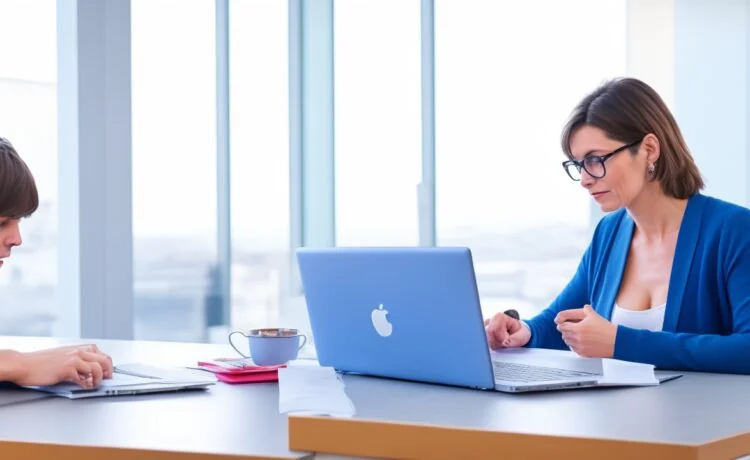 Eine freundliche, helle Büroatmosphäre mit einer konzentrierten Person mittleren Alters vor einem modernen Laptop, die achtsam ihre E-Mails auf Sicherheitslücken prüft, warmes natürliches Tageslicht fällt sanft durch große Fenster und schafft eine einladende, vertrauensvolle Stimmung.