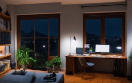 Ein hell erleuchteter, freundlicher Home-Office-Arbeitsplatz mit einer Person mittleren Alters, die konzentriert und vorsichtig auf den Bildschirm ihres Laptops blickt, während natürliches Tageslicht sanft durch ein Fenster fällt und eine warme, sichere Atmosphäre schafft – symbolisch für Wachsamkeit und Schutz vor Cyberkriminalität bei Online-Banking.