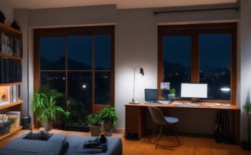 Ein hell erleuchteter, freundlicher Home-Office-Arbeitsplatz mit einer Person mittleren Alters, die konzentriert und vorsichtig auf den Bildschirm ihres Laptops blickt, während natürliches Tageslicht sanft durch ein Fenster fällt und eine warme, sichere Atmosphäre schafft – symbolisch für Wachsamkeit und Schutz vor Cyberkriminalität bei Online-Banking.