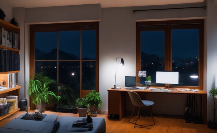 Ein hell erleuchteter, freundlicher Home-Office-Arbeitsplatz mit einer Person mittleren Alters, die konzentriert und vorsichtig auf den Bildschirm ihres Laptops blickt, während natürliches Tageslicht sanft durch ein Fenster fällt und eine warme, sichere Atmosphäre schafft – symbolisch für Wachsamkeit und Schutz vor Cyberkriminalität bei Online-Banking.