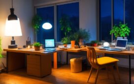 In einem hell erleuchteten, modernen Arbeitszimmer sitzt eine freundliche Frau konzentriert vor ihrem Laptop, umgeben von warmem Tageslicht und sanften Holz- und Grüntönen, während sie achtsam eine E-Mail prüft – ein Symbol für digitale Sicherheit und vertrauensvolles Online-Banking.