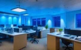 Ein modernes, hell erleuchtetes Büro mit freundlichen IT-Experten, die konzentriert an Laptops und Bildschirmen arbeiten, umgeben von warmem Tageslicht und technischen Geräten, das Gefühl von Zuversicht und Zukunftssicherheit ausstrahlend.