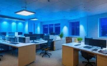 Ein modernes, hell erleuchtetes Büro mit freundlichen IT-Experten, die konzentriert an Laptops und Bildschirmen arbeiten, umgeben von warmem Tageslicht und technischen Geräten, das Gefühl von Zuversicht und Zukunftssicherheit ausstrahlend.