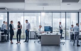 In einem hellen, modern eingerichteten Büro steht eine Gruppe von Softwareentwicklern entspannt und konzentriert um einen großen Bildschirm, während natürliches Tageslicht durch große Fenster fällt und eine warme, einladende Atmosphäre schafft, die Innovationsgeist und Teamzusammenhalt ausstrahlt.