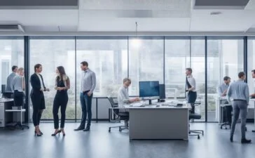 In einem hellen, modern eingerichteten Büro steht eine Gruppe von Softwareentwicklern entspannt und konzentriert um einen großen Bildschirm, während natürliches Tageslicht durch große Fenster fällt und eine warme, einladende Atmosphäre schafft, die Innovationsgeist und Teamzusammenhalt ausstrahlt.