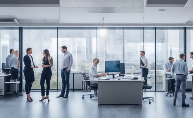 In einem hellen, modern eingerichteten Büro steht eine Gruppe von Softwareentwicklern entspannt und konzentriert um einen großen Bildschirm, während natürliches Tageslicht durch große Fenster fällt und eine warme, einladende Atmosphäre schafft, die Innovationsgeist und Teamzusammenhalt ausstrahlt.