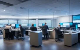 In einem hell erleuchteten, modernen Büro sitzt eine zuversichtlich lächelnde IT-Expertin vor mehreren Bildschirmen mit komplexen Daten und Algorithmen, umgeben von natürlichem Tageslicht, das eine warme, einladende Atmosphäre schafft und den zukunftsweisenden Kampf gegen Quantencomputer und für sichere Verschlüsselung symbolisiert.