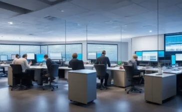 In einem hell erleuchteten, modernen Büro sitzt eine zuversichtlich lächelnde IT-Expertin vor mehreren Bildschirmen mit komplexen Daten und Algorithmen, umgeben von natürlichem Tageslicht, das eine warme, einladende Atmosphäre schafft und den zukunftsweisenden Kampf gegen Quantencomputer und für sichere Verschlüsselung symbolisiert.