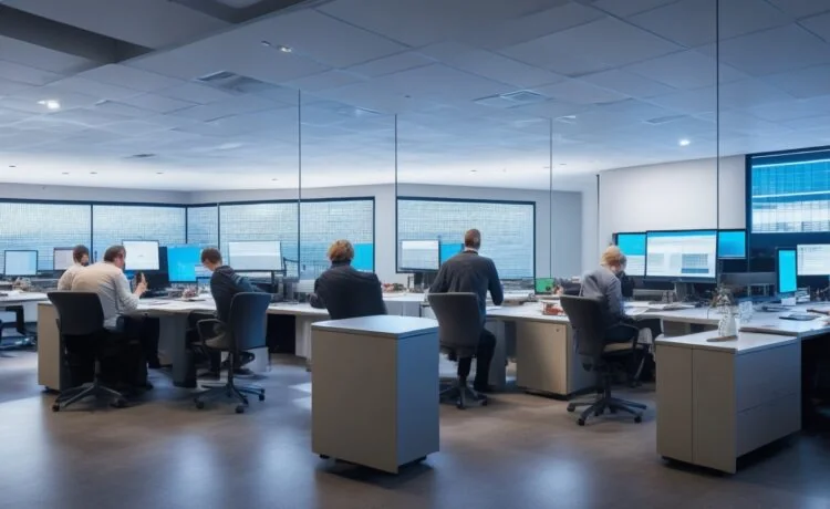 In einem hell erleuchteten, modernen Büro sitzt eine zuversichtlich lächelnde IT-Expertin vor mehreren Bildschirmen mit komplexen Daten und Algorithmen, umgeben von natürlichem Tageslicht, das eine warme, einladende Atmosphäre schafft und den zukunftsweisenden Kampf gegen Quantencomputer und für sichere Verschlüsselung symbolisiert.