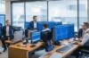 Ein strahlend helles Büro mit einem internationalen Team aus IT-Sicherheitsexperten, die konzentriert an mehreren Bildschirmen mit Datenanalysen und Netzwerkkarten arbeiten, während sanftes Tageslicht durch große Fenster fällt und eine Atmosphäre von Zuversicht, Zusammenarbeit und moderner Cyberabwehr vermittelt.