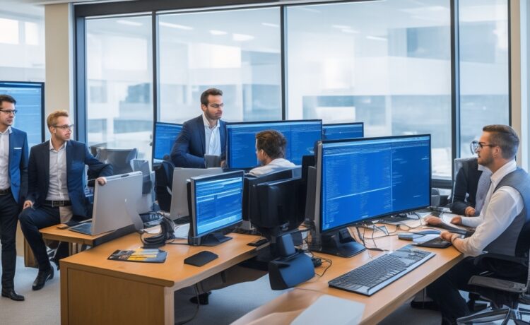 Ein strahlend helles Büro mit einem internationalen Team aus IT-Sicherheitsexperten, die konzentriert an mehreren Bildschirmen mit Datenanalysen und Netzwerkkarten arbeiten, während sanftes Tageslicht durch große Fenster fällt und eine Atmosphäre von Zuversicht, Zusammenarbeit und moderner Cyberabwehr vermittelt.