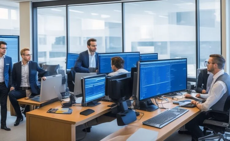 Ein strahlend helles Büro mit einem internationalen Team aus IT-Sicherheitsexperten, die konzentriert an mehreren Bildschirmen mit Datenanalysen und Netzwerkkarten arbeiten, während sanftes Tageslicht durch große Fenster fällt und eine Atmosphäre von Zuversicht, Zusammenarbeit und moderner Cyberabwehr vermittelt.