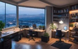 Ein hell erleuchtetes, modernes Arbeitszimmer mit Ray Kurzweil-artigem Forscher, der nachdenklich vor einem großen Fenster sitzt, während sanftes Tageslicht warme Akzente auf Technikgeräte und Bücher über künstliche Intelligenz wirft – eine einladende Szene voller Hoffnung und kritischer Reflexion über die Zukunft der Superintelligenz.