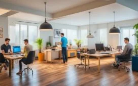 Ein strahlend helles, natürlich beleuchtetes Studio-Setting mit einem jungen Entwicklerteam, das konzentriert an modernen Laptops arbeitet, umgeben von minimalistischem, warmem Interieur und subtilen technischen Details, die die Dynamik und Energie reaktiver Webentwicklung visualisieren.