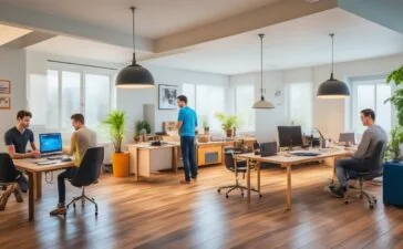 Ein strahlend helles, natürlich beleuchtetes Studio-Setting mit einem jungen Entwicklerteam, das konzentriert an modernen Laptops arbeitet, umgeben von minimalistischem, warmem Interieur und subtilen technischen Details, die die Dynamik und Energie reaktiver Webentwicklung visualisieren.
