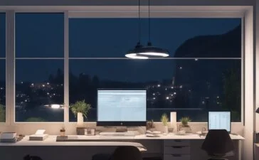 Ein warm ausgeleuchteter, moderner Arbeitsplatz mit mehreren Bildschirmen, auf denen Programmiercode und Diagramme zu Webentwicklung sichtbar sind, während im Hintergrund durch große Fenster weiches Tageslicht fällt und eine entspannte, konzentrierte Atmosphäre von Kreativität und technischer Innovation vermittelt wird.