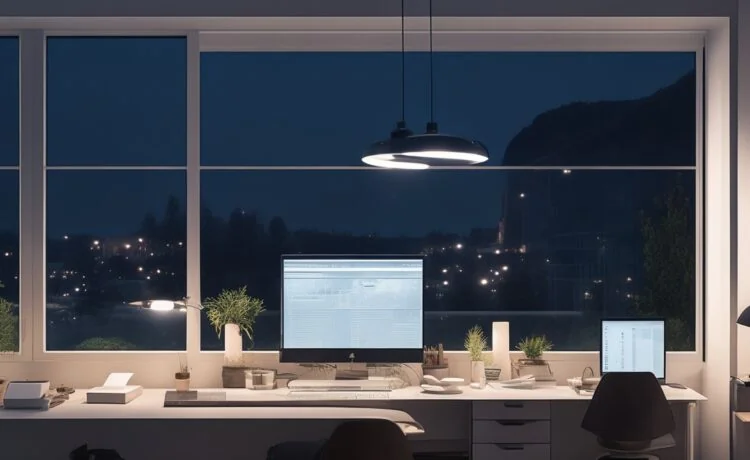 Ein warm ausgeleuchteter, moderner Arbeitsplatz mit mehreren Bildschirmen, auf denen Programmiercode und Diagramme zu Webentwicklung sichtbar sind, während im Hintergrund durch große Fenster weiches Tageslicht fällt und eine entspannte, konzentrierte Atmosphäre von Kreativität und technischer Innovation vermittelt wird.