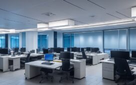 Ein hell erleuchtetes, modernes Büro mit entspannten Mitarbeitenden unterschiedlichen Alters und Hintergrunds, die in offener Kommunikation um einen Laptop gruppiert sind und gemeinsam konzentriert an der Integration neuer Technologie arbeiten, wobei warmes Tageslicht sanft die freundliche Arbeitsatmosphäre durchflutet.