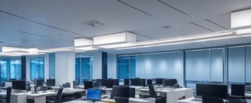 Ein hell erleuchtetes, modernes Büro mit entspannten Mitarbeitenden unterschiedlichen Alters und Hintergrunds, die in offener Kommunikation um einen Laptop gruppiert sind und gemeinsam konzentriert an der Integration neuer Technologie arbeiten, wobei warmes Tageslicht sanft die freundliche Arbeitsatmosphäre durchflutet.