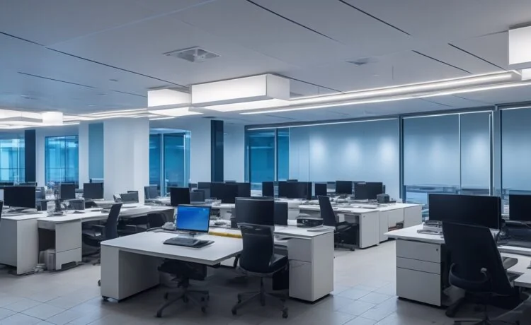 Ein hell erleuchtetes, modernes Büro mit entspannten Mitarbeitenden unterschiedlichen Alters und Hintergrunds, die in offener Kommunikation um einen Laptop gruppiert sind und gemeinsam konzentriert an der Integration neuer Technologie arbeiten, wobei warmes Tageslicht sanft die freundliche Arbeitsatmosphäre durchflutet.