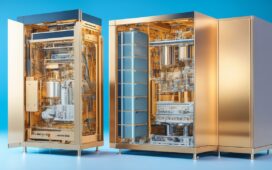 Ein sonnendurchfluteter, moderner Serverraum mit glänzenden, flüssigkeitsgekühlten Hightech-Chips, deren Metalloberflächen und Kühlkreisläufe in warmem, natürlichem Licht sanft reflektieren und so die zukunftsweisende Innovation von Amazons KI-Infrastruktur in einer klaren, freundlichen Atmosphäre visualisieren.