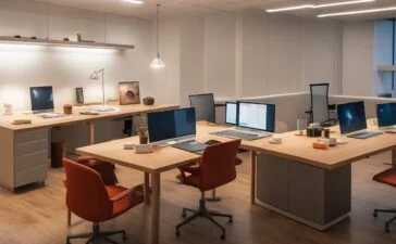 In einem hell erleuchteten, modernen Büro sitzt ein aufmerksames Kreativteam verschiedener Herkunft um einen großen Tisch, angeregt im Gespräch und mit digitalen Tablets sowie Laptops umgeben, während sanftes Tageslicht durch große Fenster strömt und eine warme, inspirierende Atmosphäre schafft, die die verantwortungsbewusste Zusammenarbeit von Mensch und generativer KI bei Netflix im Streaming- und Content-Bereich symbolisiert.