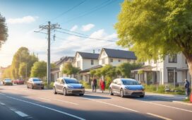 Ein sonnendurchfluteter urbaner Straßenzug mit moderner Elektromobilität: ein glänzendes Tesla-Modell im Vordergrund, sachlich und klar inszeniert, umgeben von lächelnden Menschen mit Smartphones und einem warmen, hoffnungsvollen Lichtspiel, das Fortschritt und technische Spannung subtil einfängt.