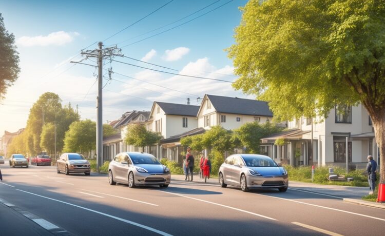 Ein sonnendurchfluteter urbaner Straßenzug mit moderner Elektromobilität: ein glänzendes Tesla-Modell im Vordergrund, sachlich und klar inszeniert, umgeben von lächelnden Menschen mit Smartphones und einem warmen, hoffnungsvollen Lichtspiel, das Fortschritt und technische Spannung subtil einfängt.
