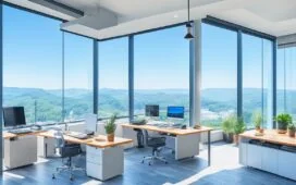Ein modernes, lichtdurchflutetes Büro mit engagierten IT-Experten, die fokussiert an Laptops und Server-Dashboards arbeiten, während warme Sonnenstrahlen durch große Fenster fallen und eine Atmosphäre von Zuversicht und technologischer Neuorientierung schaffen.