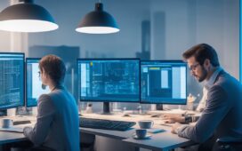 Ein dynamisches, lichtdurchflutetes Büro mit einem konzentrierten IT-Experten, der vor mehreren Bildschirmen strategisch Support-Deadlines analysiert, umgeben von moderner Technik, warmen Holzakzenten und natürlichem Tageslicht, das eine Atmosphäre von Zuversicht und lösungsorientiertem Handeln schafft.
