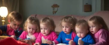 Ein helles, einladendes Redaktionsfoto von fröhlichen Eltern und Kindern, die entspannt gemeinsam an einem sonnendurchfluteten Küchentisch sitzen und auf ein Tablet schauen, umgeben von warmem Tageslicht und einer freundlichen, vertrauensvollen Atmosphäre, die digitale Sicherheit und familiären Zusammenhalt harmonisch verbindet.