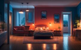 Ein hell erleuchtetes, freundliches Wohnzimmer mit einer aufmerksamen jungen Frau, die entspannt ihr Smartphone prüft, während warme Sonnenstrahlen sanft den Raum durchfluten und so eine Atmosphäre von Sicherheit und digitaler Wachsamkeit schaffen.