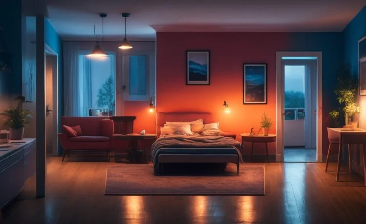 Ein hell erleuchtetes, freundliches Wohnzimmer mit einer aufmerksamen jungen Frau, die entspannt ihr Smartphone prüft, während warme Sonnenstrahlen sanft den Raum durchfluten und so eine Atmosphäre von Sicherheit und digitaler Wachsamkeit schaffen.