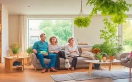 In einem sonnendurchfluteten modernen Wohnzimmer interagiert eine freundliche, menschlich gestaltete Haushaltsroboterin mit einer entspannten Familie, während warme Holztöne und natürliche Lichtreflexe ein einladendes, zukunftsweisendes Ambiente schaffen.