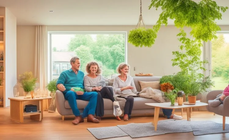In einem sonnendurchfluteten modernen Wohnzimmer interagiert eine freundliche, menschlich gestaltete Haushaltsroboterin mit einer entspannten Familie, während warme Holztöne und natürliche Lichtreflexe ein einladendes, zukunftsweisendes Ambiente schaffen.