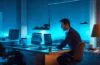 In einem hell erleuchteten Büro mit großen Fenstern sitzt ein nachdenklicher Mann mittleren Alters in moderner Business-Kleidung vor einem Laptop, umgeben von Notizen und technischen Skizzen, während sanftes Tageslicht eine warme, ruhige Atmosphäre schafft, die zugleich Spannung und verantwortungsvolle Führung in der Welt der Künstlichen Intelligenz widerspiegelt.