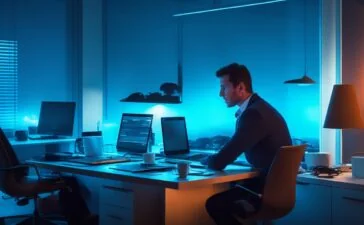 In einem hell erleuchteten Büro mit großen Fenstern sitzt ein nachdenklicher Mann mittleren Alters in moderner Business-Kleidung vor einem Laptop, umgeben von Notizen und technischen Skizzen, während sanftes Tageslicht eine warme, ruhige Atmosphäre schafft, die zugleich Spannung und verantwortungsvolle Führung in der Welt der Künstlichen Intelligenz widerspiegelt.