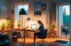 Ein warm beleuchtetes, modernes Home-Office mit einer Person, die konzentriert ein aktuelles Software-Update auf ihrem Samsung-Smartphone aktiviert, während Sonnenlicht sanft durch das Fenster fällt und eine Atmosphäre von Sicherheit und Vertrauen schafft.