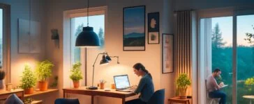 Ein warm beleuchtetes, modernes Home-Office mit einer Person, die konzentriert ein aktuelles Software-Update auf ihrem Samsung-Smartphone aktiviert, während Sonnenlicht sanft durch das Fenster fällt und eine Atmosphäre von Sicherheit und Vertrauen schafft.