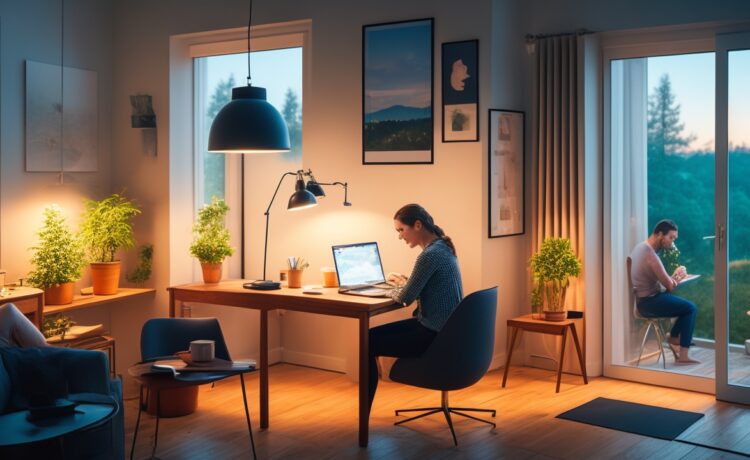 Ein warm beleuchtetes, modernes Home-Office mit einer Person, die konzentriert ein aktuelles Software-Update auf ihrem Samsung-Smartphone aktiviert, während Sonnenlicht sanft durch das Fenster fällt und eine Atmosphäre von Sicherheit und Vertrauen schafft.