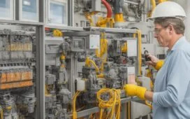 Helle, realistische Aufnahme eines technikaffinen Ingenieurs in moderner Rechenzentrumsumgebung, der konzentriert an hochkomplexen Schaltanlagen mit integrierter Sensorik arbeitet, umgeben von warmem Tageslicht, das eine freundliche und sichere Atmosphäre für innovative, unterbrechungsfreie Wartungsprozesse erzeugt.