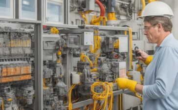 Helle, realistische Aufnahme eines technikaffinen Ingenieurs in moderner Rechenzentrumsumgebung, der konzentriert an hochkomplexen Schaltanlagen mit integrierter Sensorik arbeitet, umgeben von warmem Tageslicht, das eine freundliche und sichere Atmosphäre für innovative, unterbrechungsfreie Wartungsprozesse erzeugt.