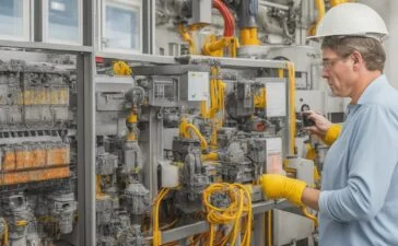 Helle, realistische Aufnahme eines technikaffinen Ingenieurs in moderner Rechenzentrumsumgebung, der konzentriert an hochkomplexen Schaltanlagen mit integrierter Sensorik arbeitet, umgeben von warmem Tageslicht, das eine freundliche und sichere Atmosphäre für innovative, unterbrechungsfreie Wartungsprozesse erzeugt.