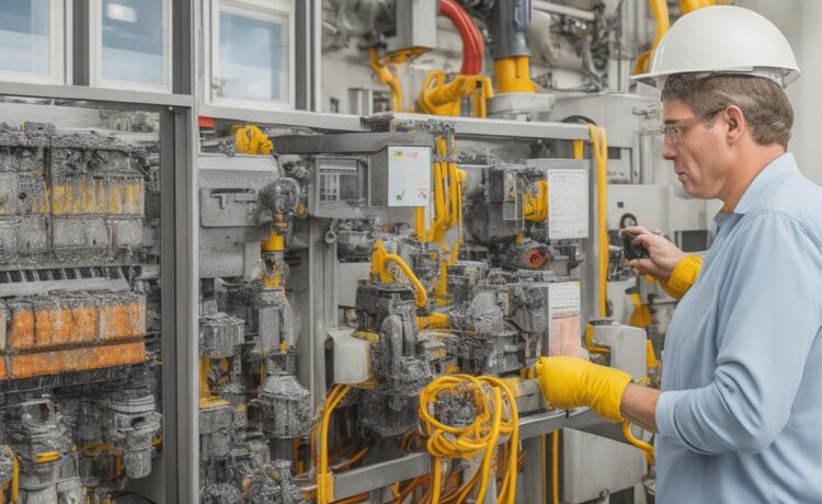 Helle, realistische Aufnahme eines technikaffinen Ingenieurs in moderner Rechenzentrumsumgebung, der konzentriert an hochkomplexen Schaltanlagen mit integrierter Sensorik arbeitet, umgeben von warmem Tageslicht, das eine freundliche und sichere Atmosphäre für innovative, unterbrechungsfreie Wartungsprozesse erzeugt.