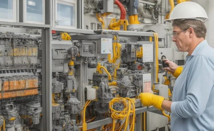 Helle, realistische Aufnahme eines technikaffinen Ingenieurs in moderner Rechenzentrumsumgebung, der konzentriert an hochkomplexen Schaltanlagen mit integrierter Sensorik arbeitet, umgeben von warmem Tageslicht, das eine freundliche und sichere Atmosphäre für innovative, unterbrechungsfreie Wartungsprozesse erzeugt.