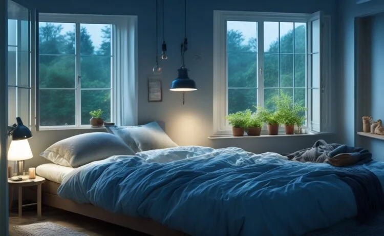 Ein strahlend helles Schlafzimmer im Morgenlicht, in dem eine entspannte Person sanft lächelnd in friedlichem Tiefschlaf versunken ist, während warmes Sonnenlicht durch offene Fenster fällt und eine Atmosphäre von Ruhe, natürlicher Regeneration und geistiger Klarheit vermittelt.